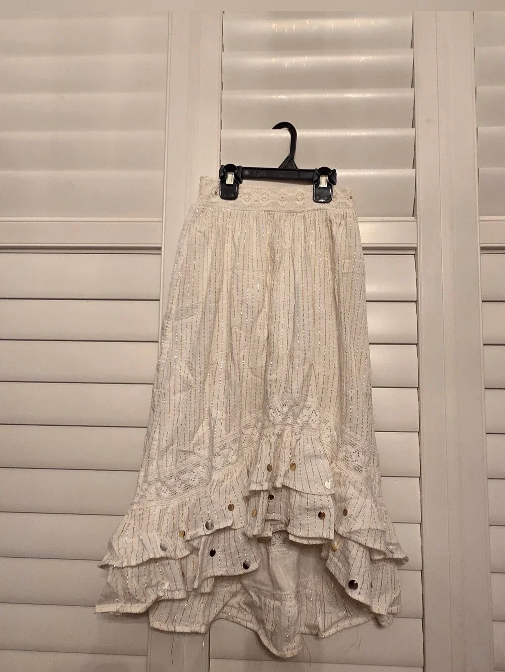 Justice Cream High-Low Tiered Ruffle Skirt with Metallic Thread Size 10